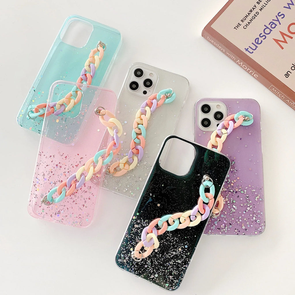 Silicone soft phone case with epoxy bracelet starry pattern for iPhone 14 and 15 series in multiple colours