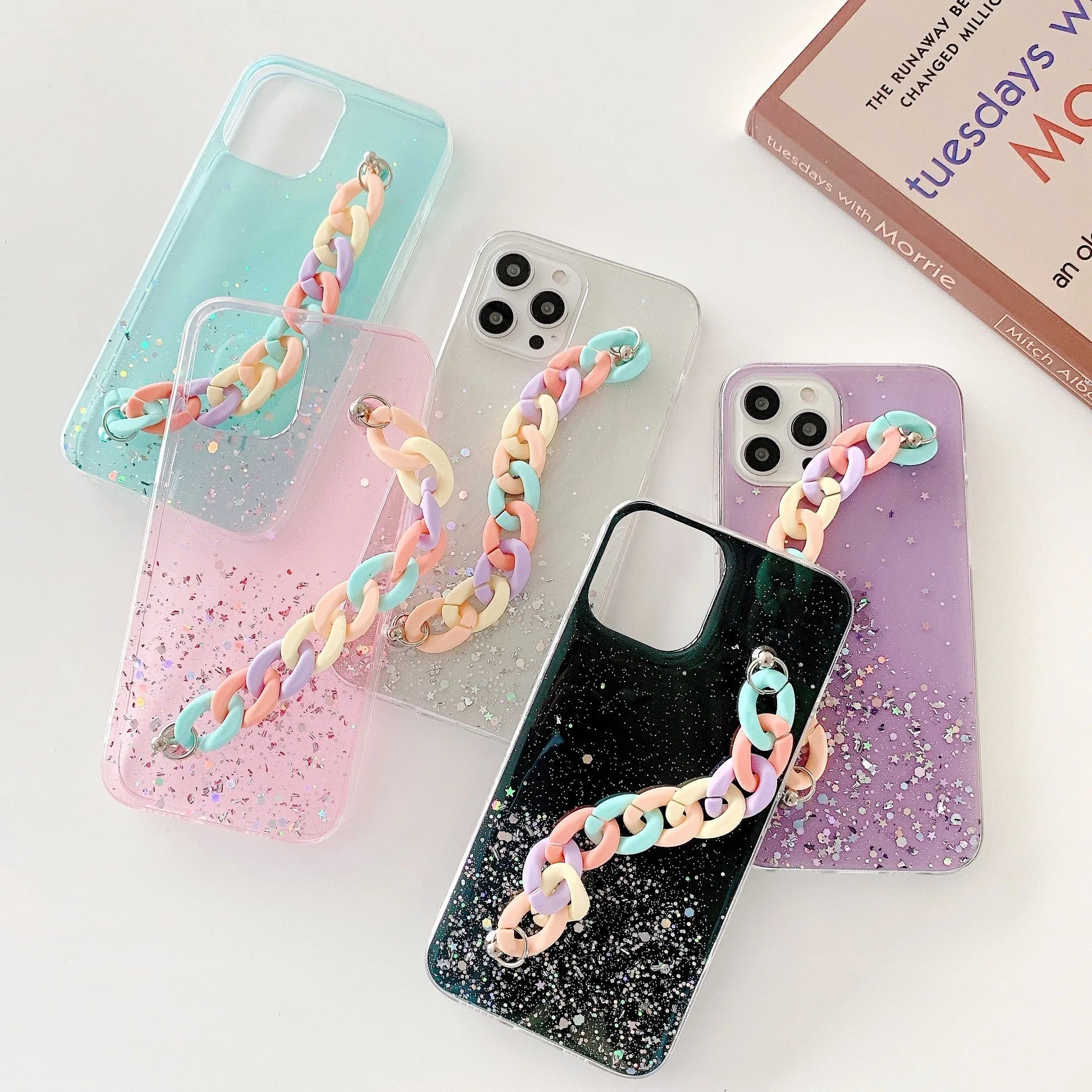 Silicone soft phone case with epoxy bracelet starry pattern for iPhone 14 and 15 series in multiple colours