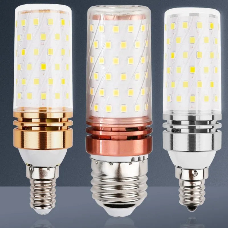 E14 screw base corn LED light bulb with multiple white LEDs showing three colour temperature options.