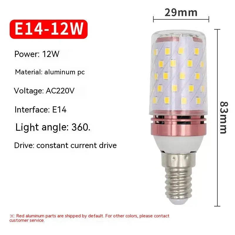 E14 screw base corn LED light bulb with multiple white LEDs showing three colour temperature options.