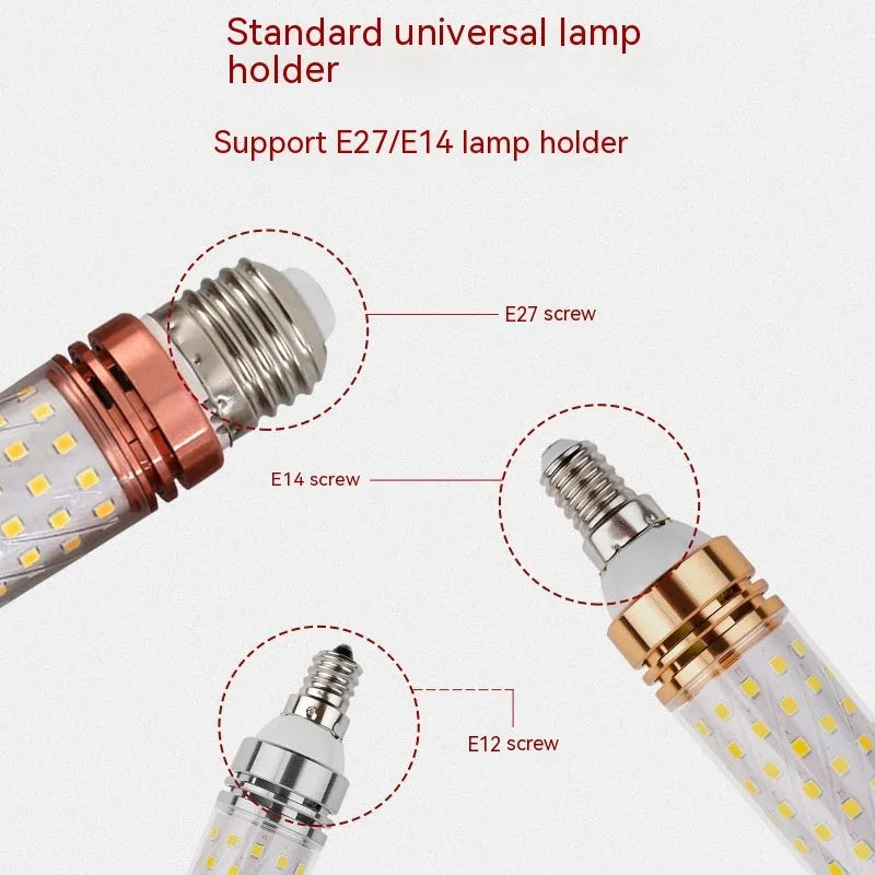 E14 screw base corn LED light bulb with multiple white LEDs showing three colour temperature options.