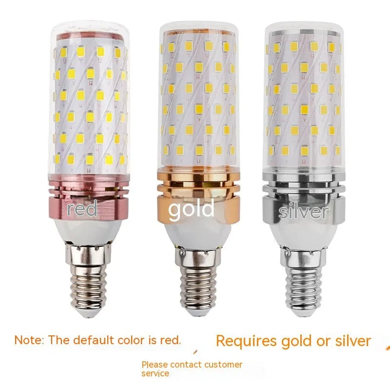 E14 screw base corn LED light bulb with multiple white LEDs showing three colour temperature options.