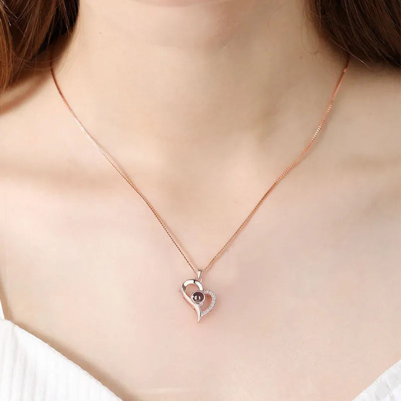 925 silver projection colour photo heart necklace with rose gold finish and chain, 20.5x16.3mm pendant