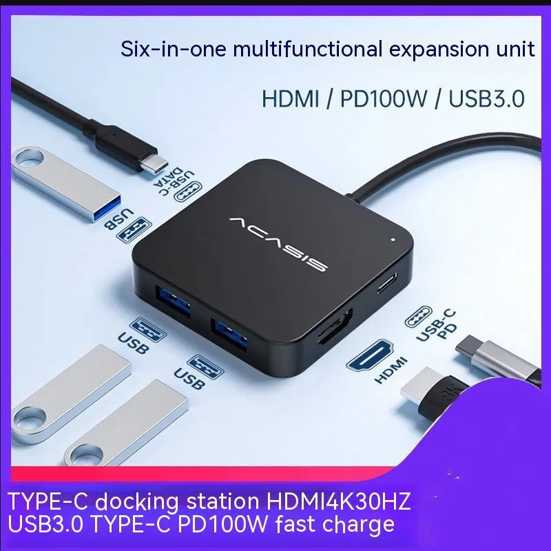 Type-C six-in-one multifunctional expansion dock with HDMI and four USB 3.0 ports, ABS resin shell, 60x60x12.85mm