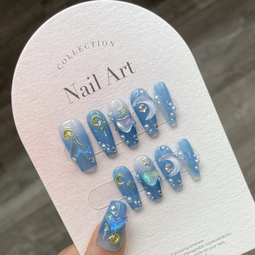 Handmade wear armour blue ice transparent three-dimensional love nail set with bow leopard print for ladies in XS S M L