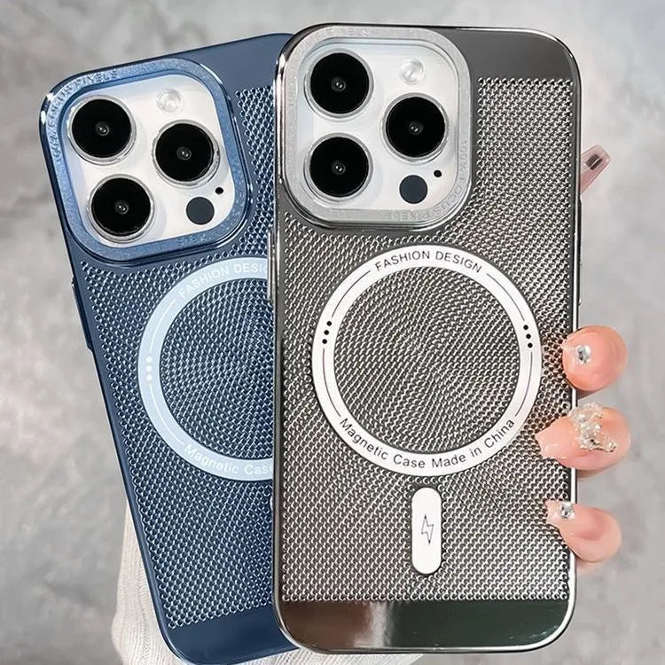 Electroplated metallic magnetic phone case for iPhone, shown in silver colour with strong magnet and heat dissipation design.