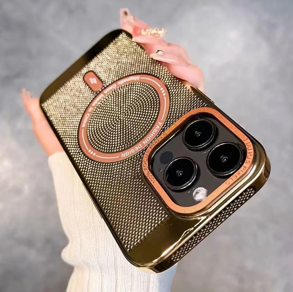 Electroplated metallic magnetic phone case for iPhone, shown in silver colour with strong magnet and heat dissipation design.