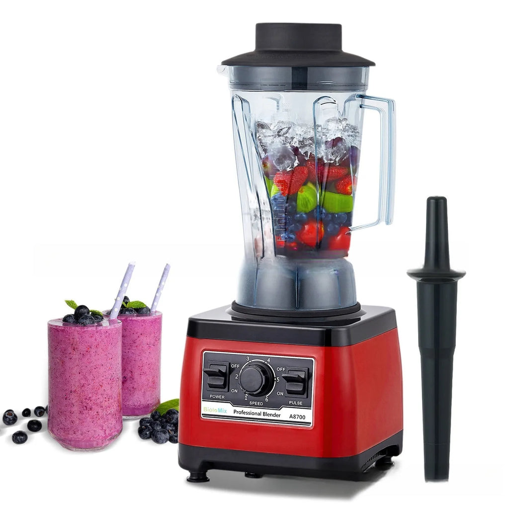 Red industrial-style commercial blender with 2200W motor and 2-litre capacity jug.