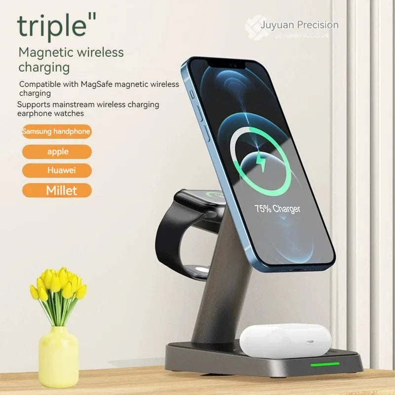 Black cubic 10000mAh wireless charging station for phones and smartwatches on a desk