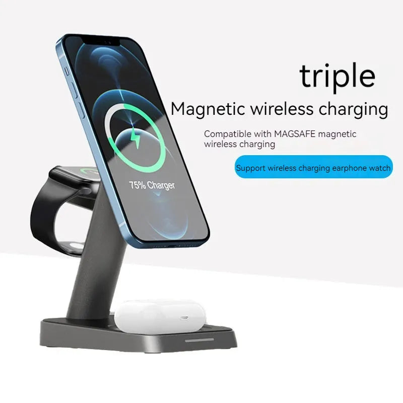 Black cubic 10000mAh wireless charging station for phones and smartwatches on a desk