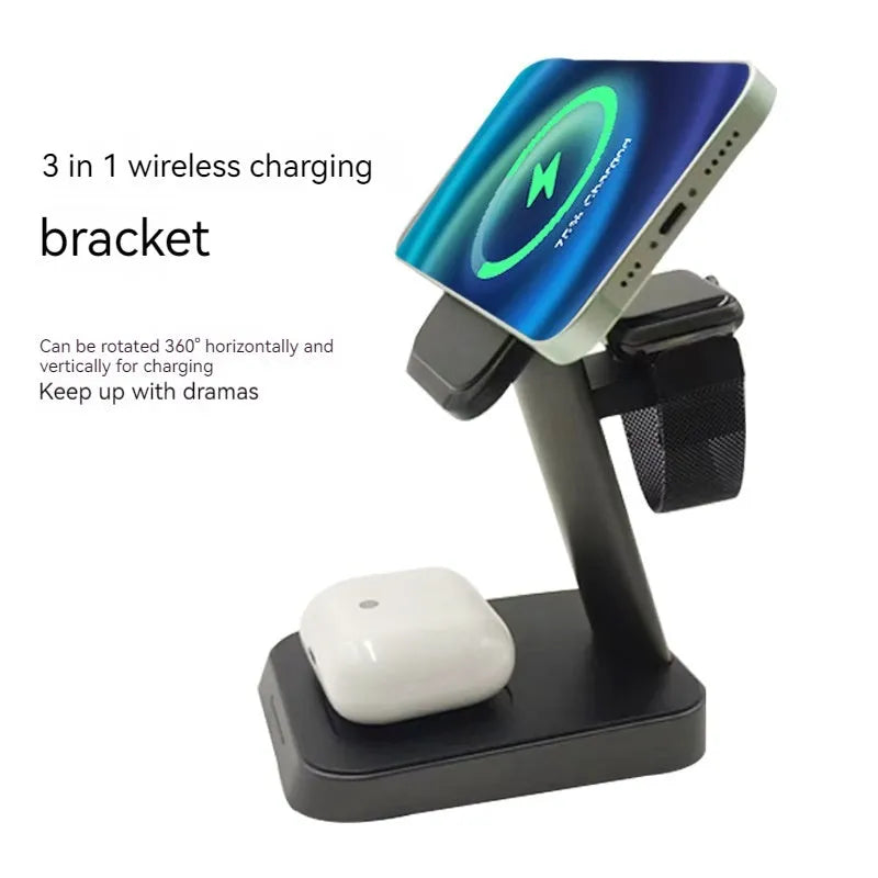 Black cubic 10000mAh wireless charging station for phones and smartwatches on a desk