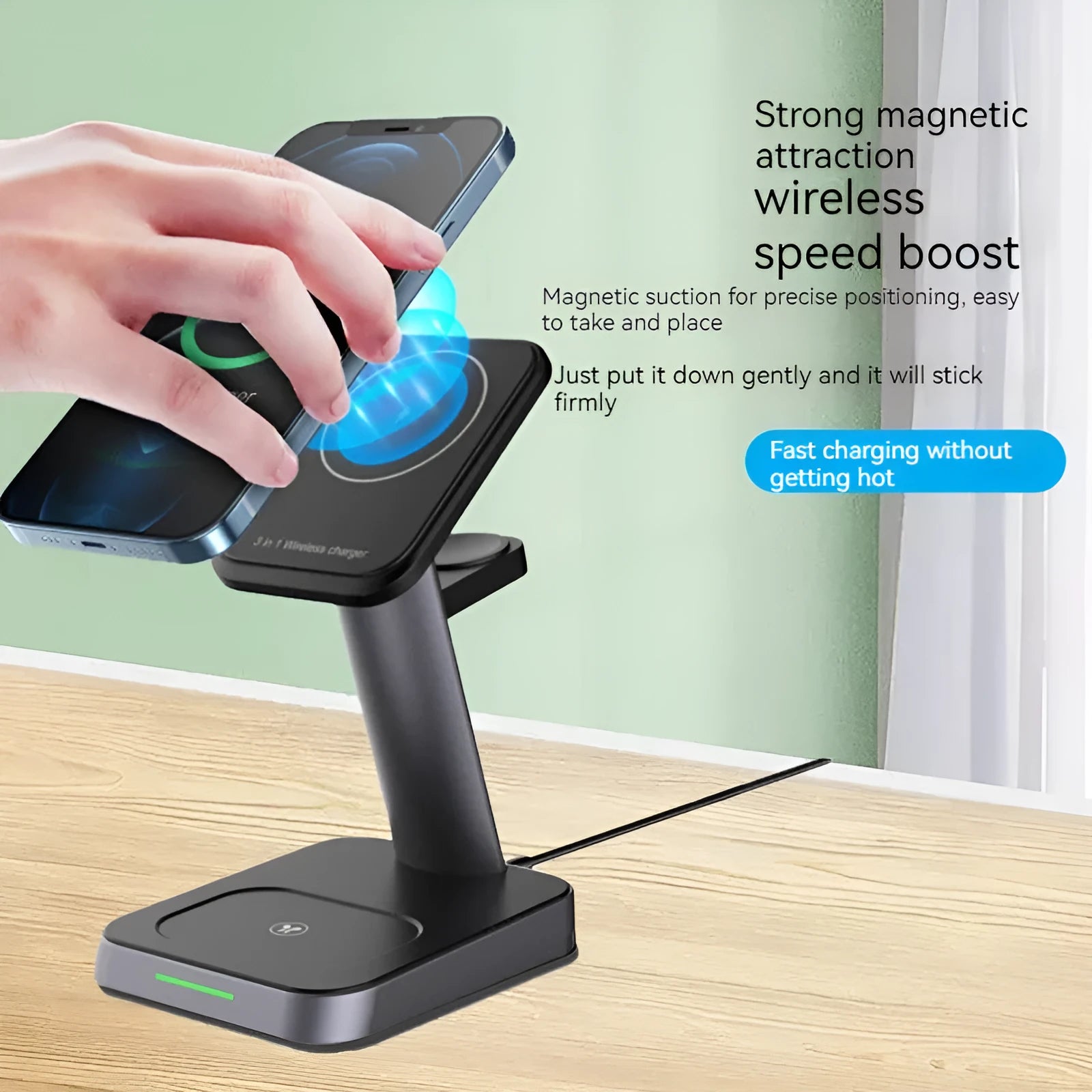 Black cubic 10000mAh wireless charging station for phones and smartwatches on a desk