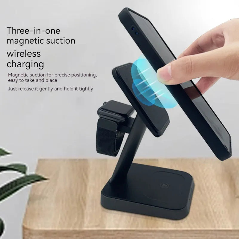Black cubic 10000mAh wireless charging station for phones and smartwatches on a desk
