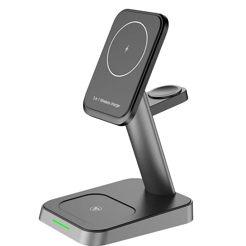 Black cubic 10000mAh wireless charging station for phones and smartwatches on a desk
