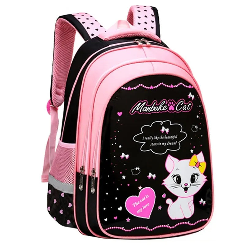 Kids school backpack with cute cat print in nylon, waterproof and load-reducing design, available in large or small sizes