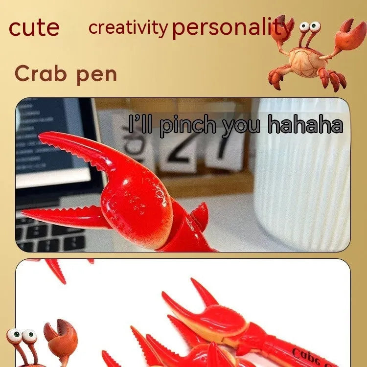 Novelty ballpoint pen with a red toy crab clip that has movable legs and claws.