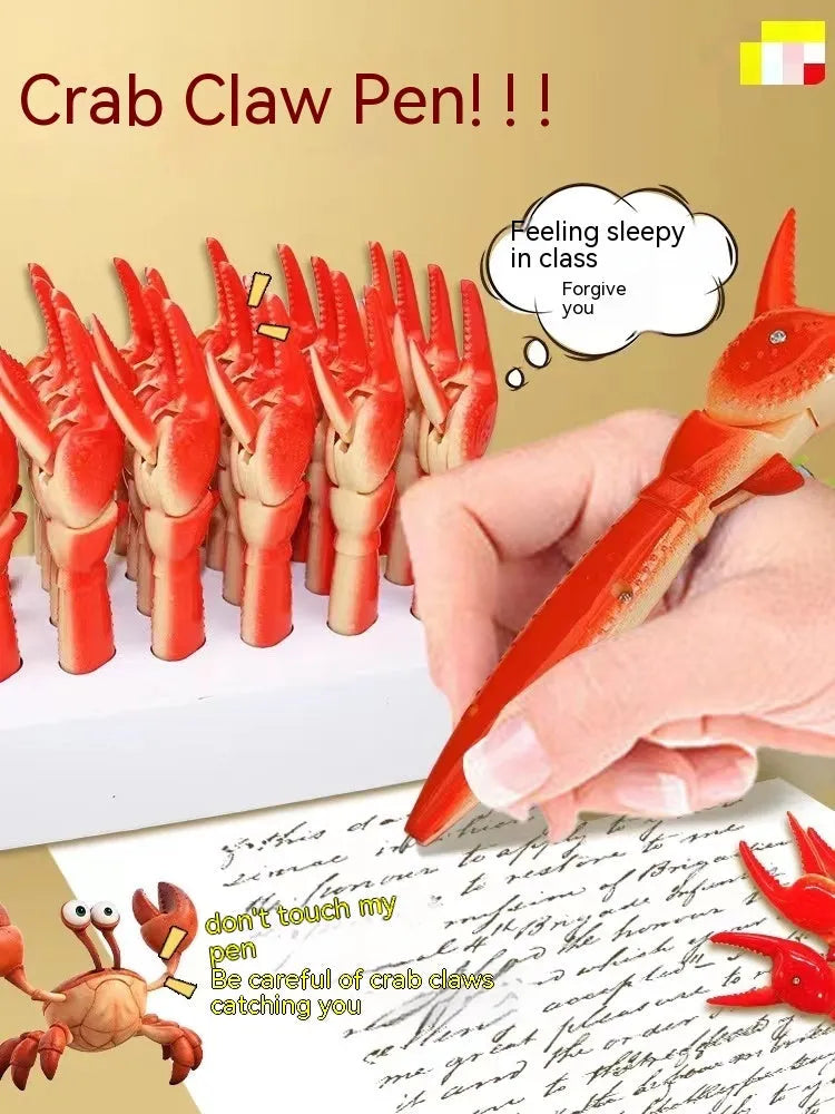 Novelty ballpoint pen with a red toy crab clip that has movable legs and claws.
