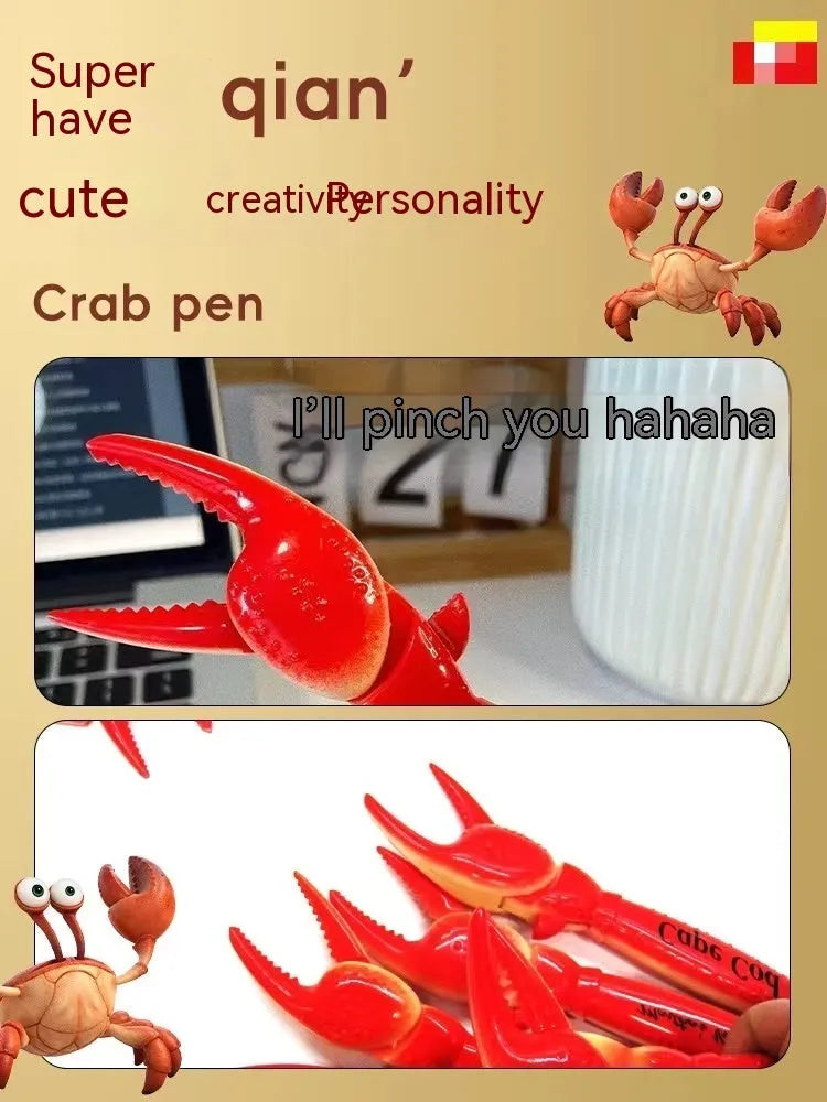 Novelty ballpoint pen with a red toy crab clip that has movable legs and claws.