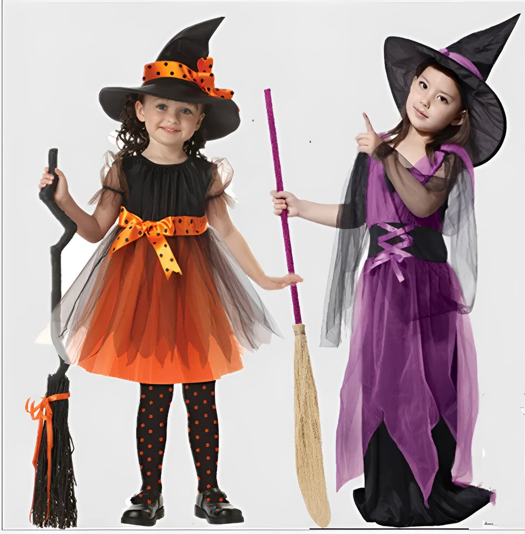 Children's witch costume in 90% linen available in bat, broom, purple or yellow colours with Asian sizing