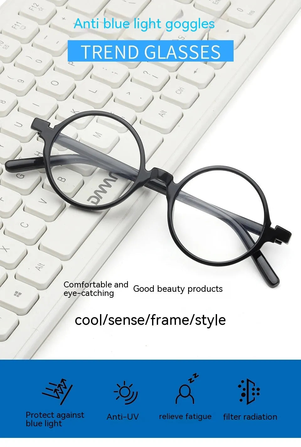 Retro round glasses frame with flat mirror lenses in bright black colour option
