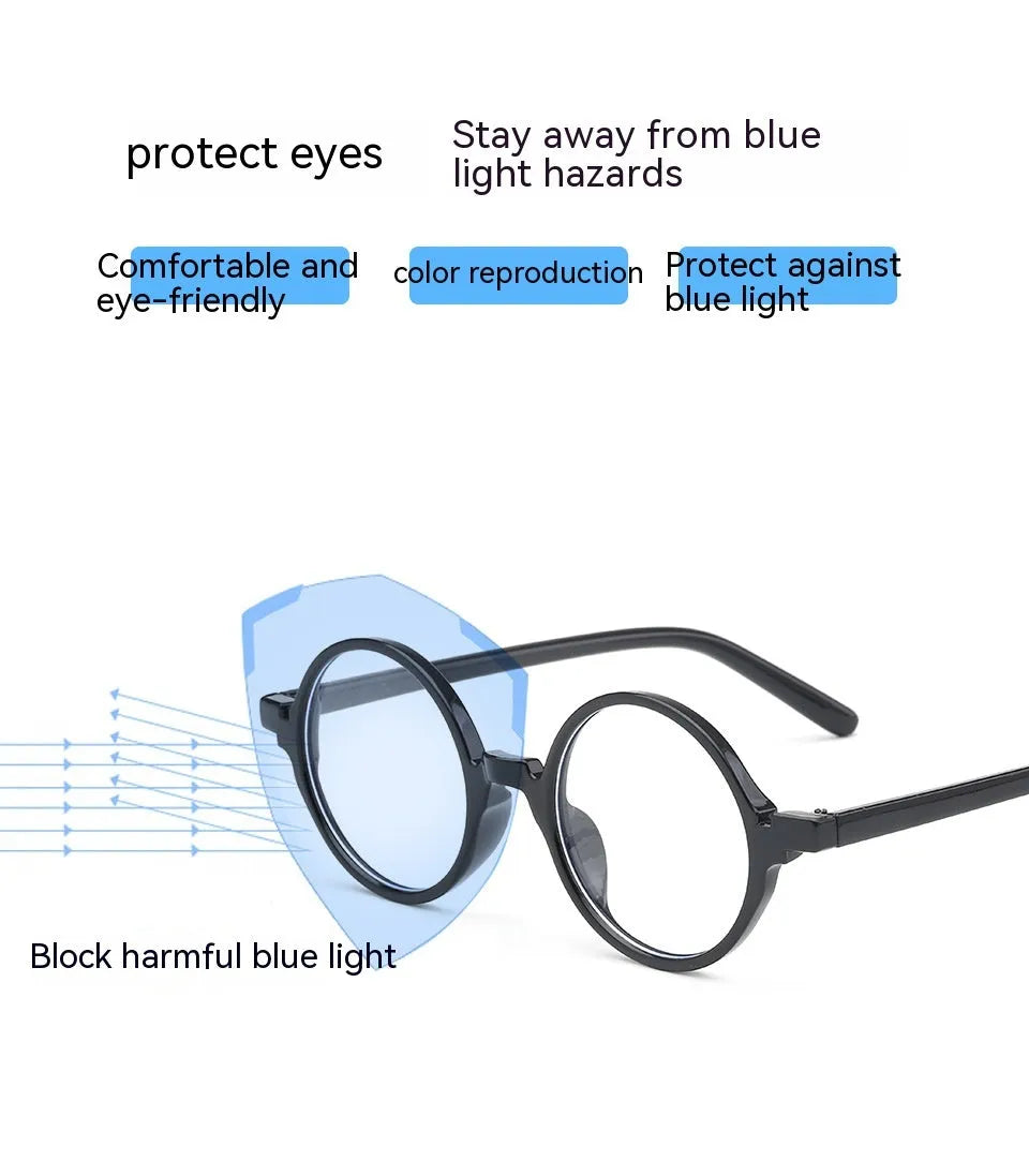 Retro round glasses frame with flat mirror lenses in bright black colour option