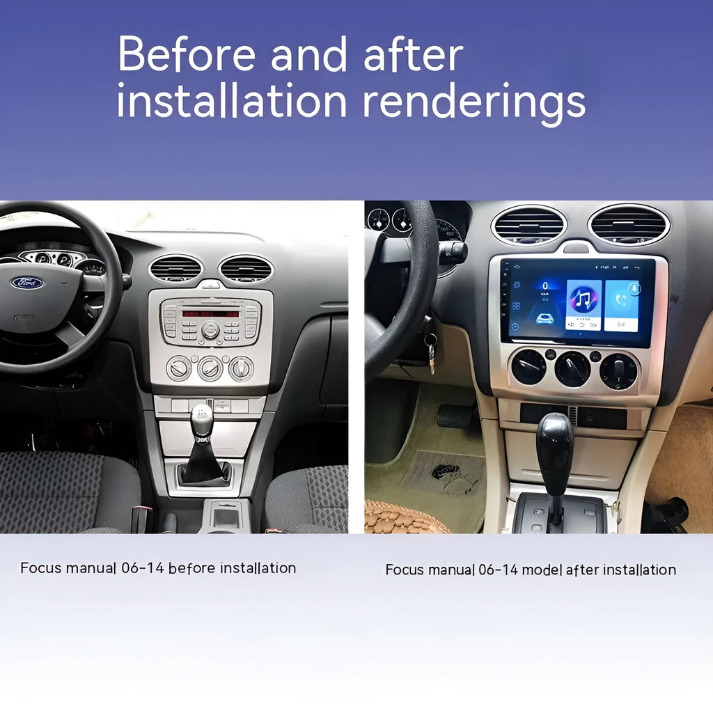 Volkswagen Fox dashboard with installed 9-inch Android touchscreen centre console unit showing navigation map.