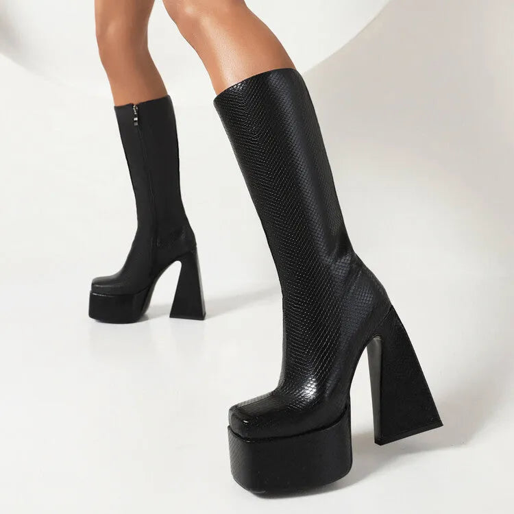 Women's casual high boots in black, red, blue and white colours with PU upper, European sizes 34-43
