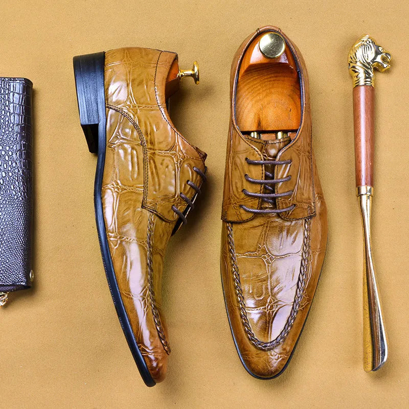 Men's black Korean-style leather formal shoes with alligator pattern and metal horse bit buckle on a rubber sole.