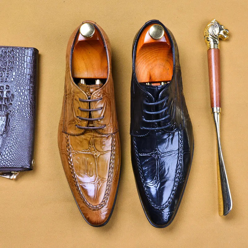 Men's black Korean-style leather formal shoes with alligator pattern and metal horse bit buckle on a rubber sole.