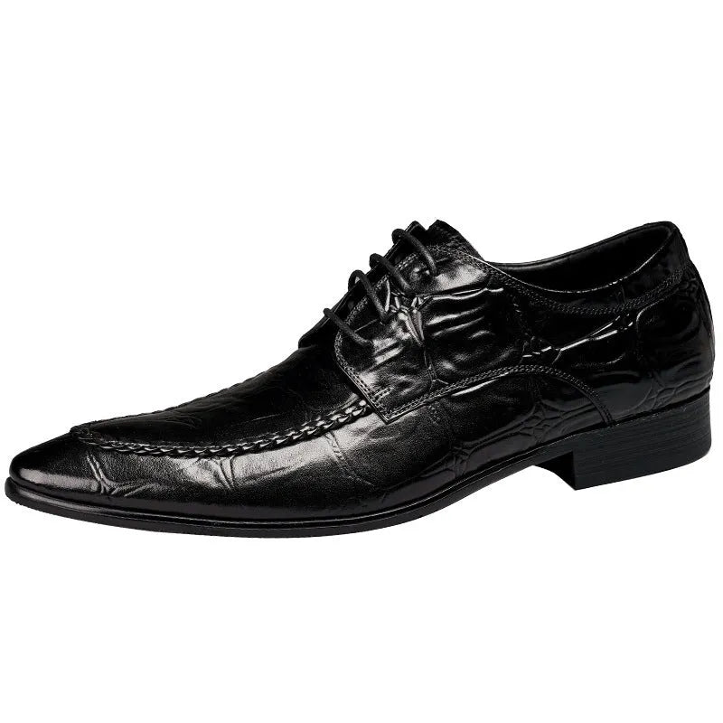 Men's black Korean-style leather formal shoes with alligator pattern and metal horse bit buckle on a rubber sole.