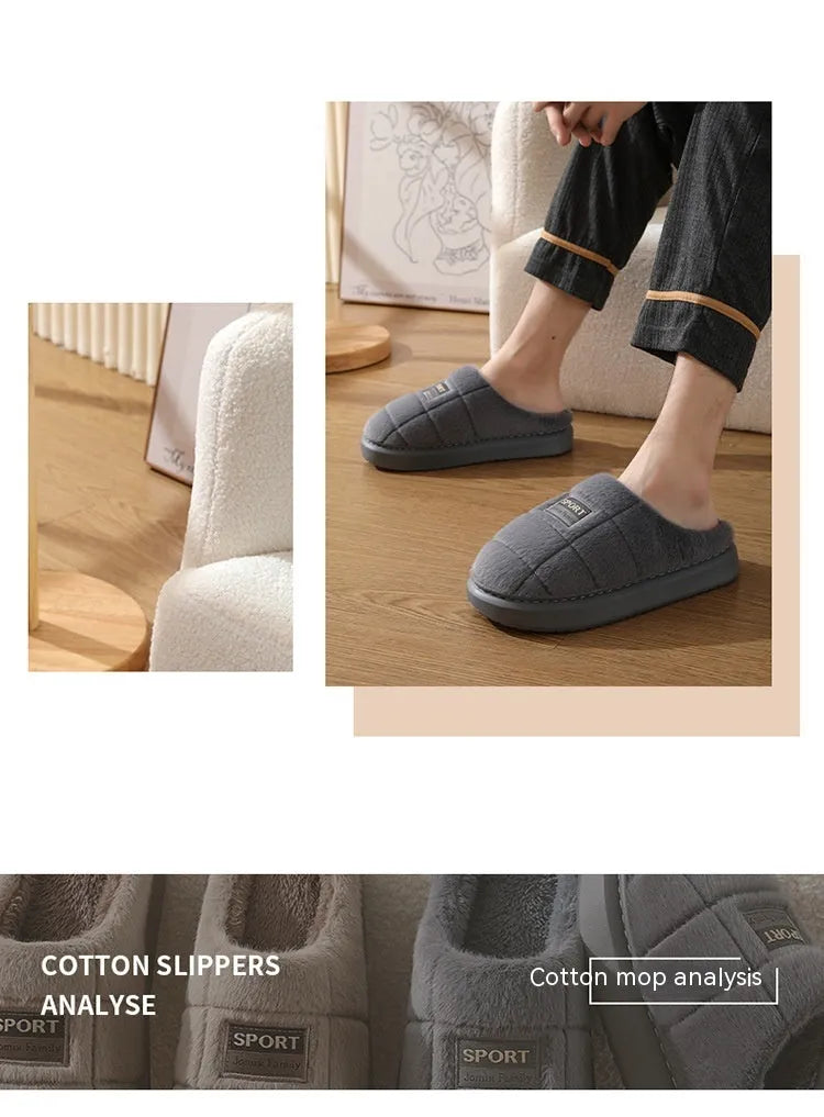 Men's grey and brown plaid rabbit hair slippers with thick EVA sole