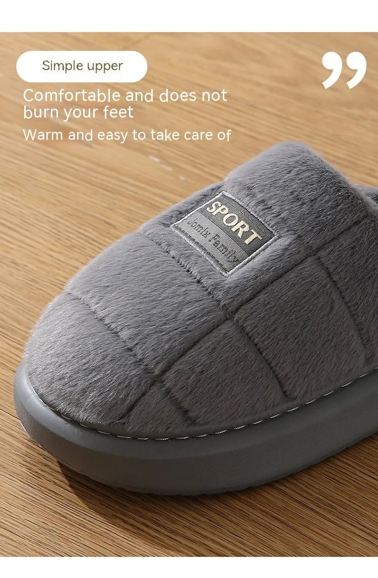 Men's grey and brown plaid rabbit hair slippers with thick EVA sole