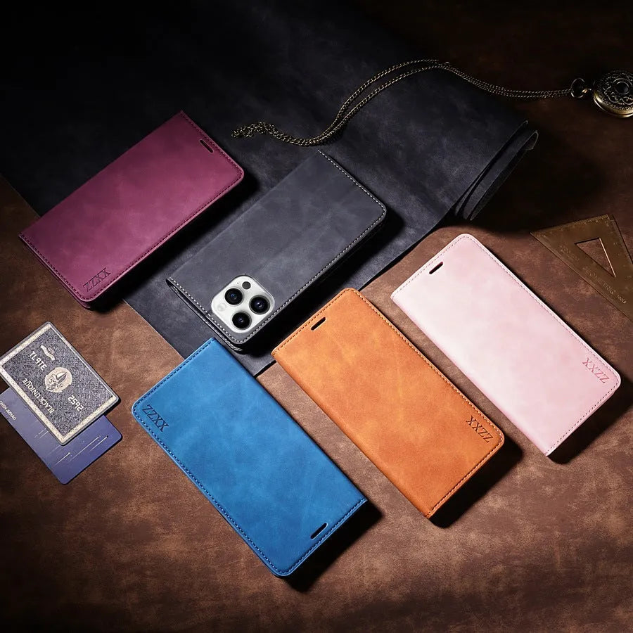 Black leather wallet card-inserting protective case for iPhone with metal kickstand bracket and magnetic back