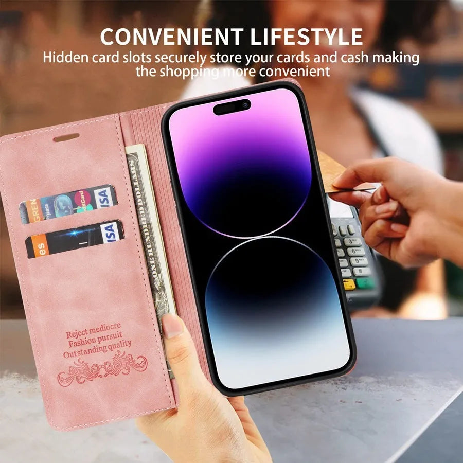 Black leather wallet card-inserting protective case for iPhone with metal kickstand bracket and magnetic back