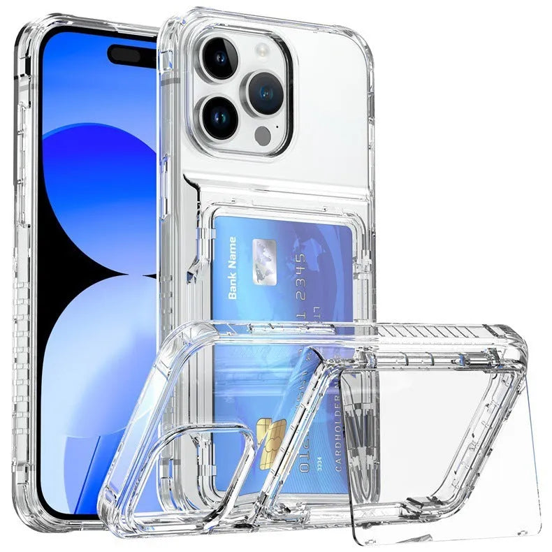 Transparent TPU PC phone case with flip card holder and card inserted on a white background