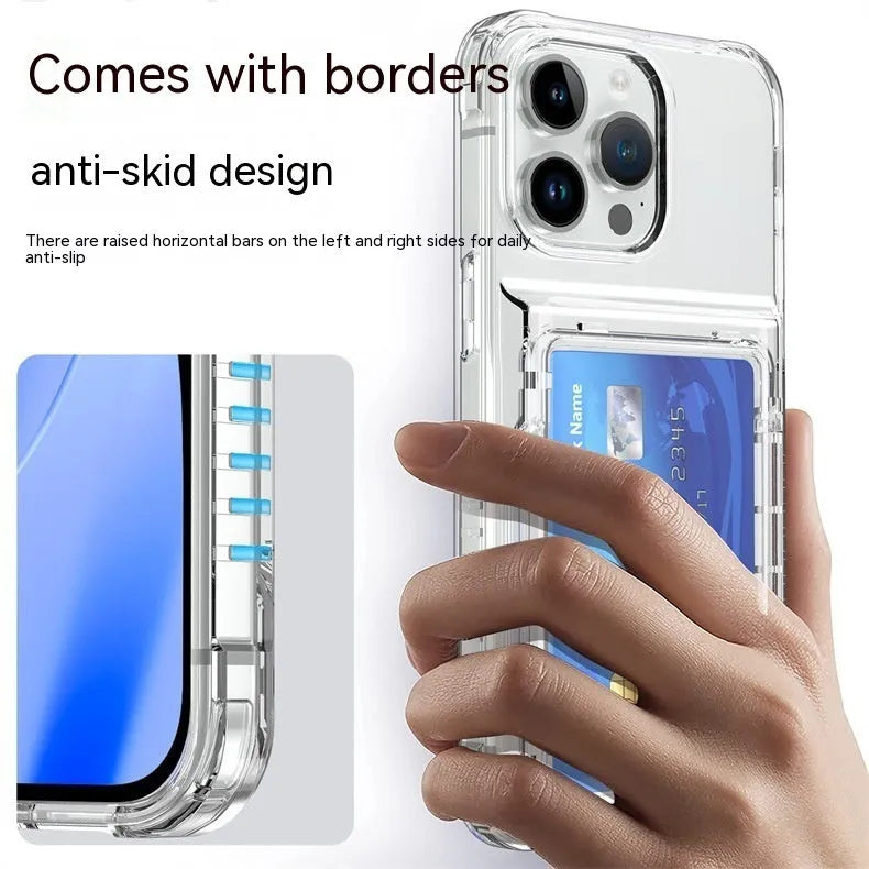Transparent TPU PC phone case with flip card holder and card inserted on a white background