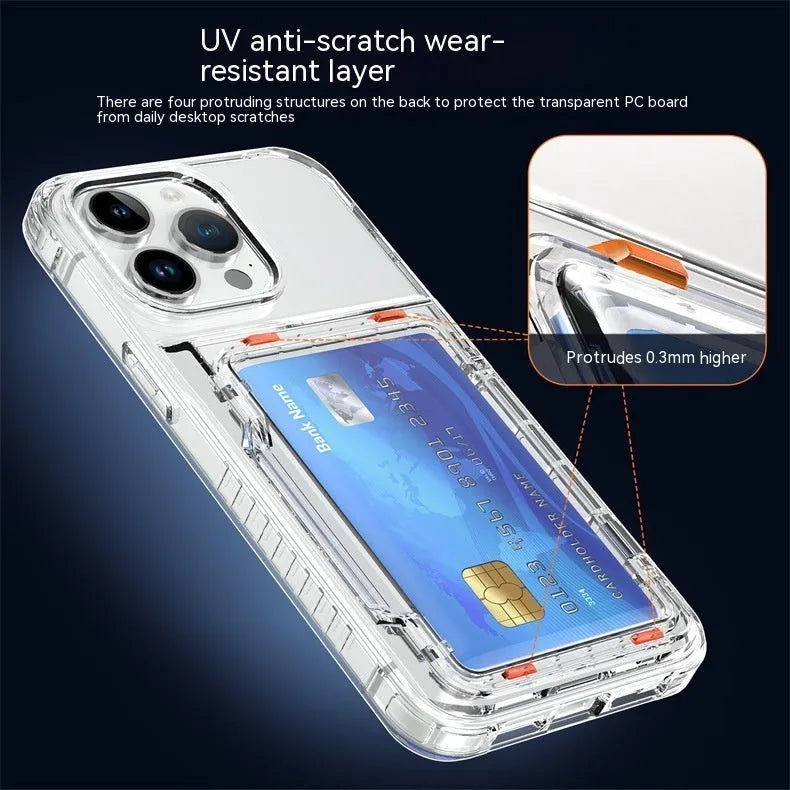 Transparent TPU PC phone case with flip card holder and card inserted on a white background