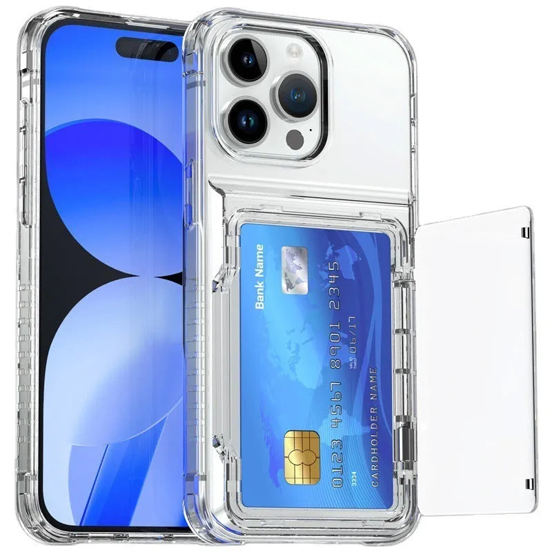 Transparent TPU PC phone case with flip card holder and card inserted on a white background