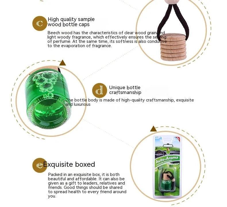 Car air freshener glass bottle hanging ornament showing scent options: Lavender, Lemon, Apple, Strawberry, Ocean, Floral.