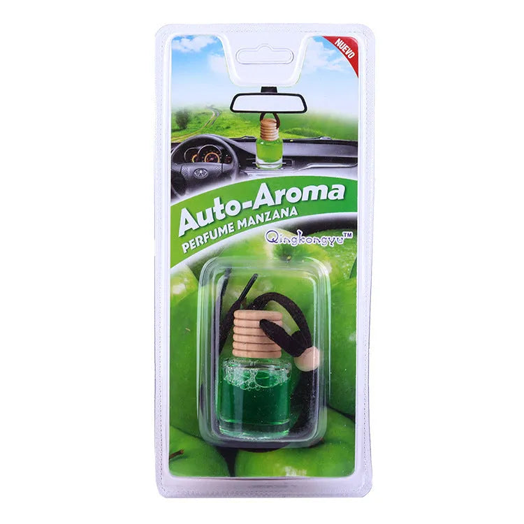 Car air freshener glass bottle hanging ornament showing scent options: Lavender, Lemon, Apple, Strawberry, Ocean, Floral.