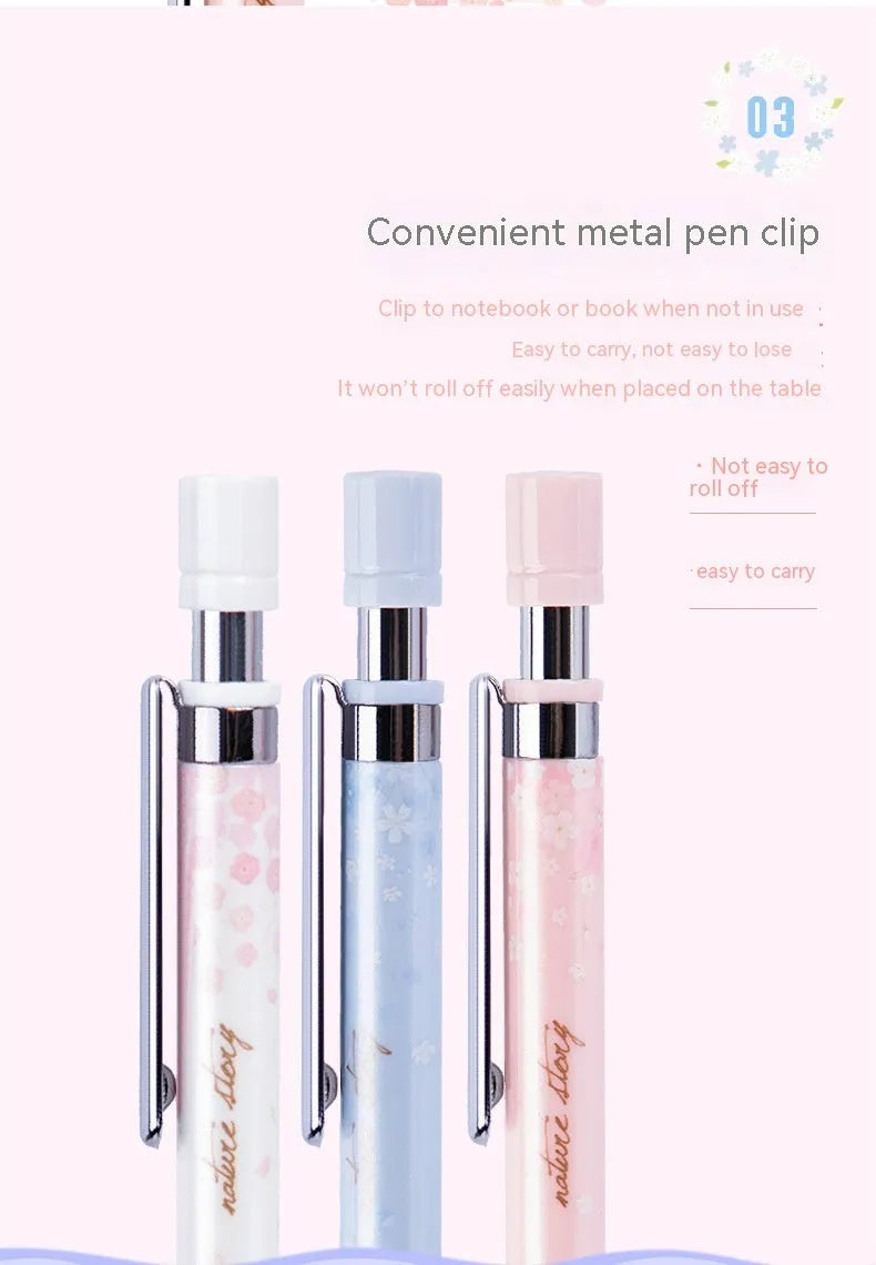 Mixed colour cartoon design automatic pencil set with three pens and boxes of HB refills.