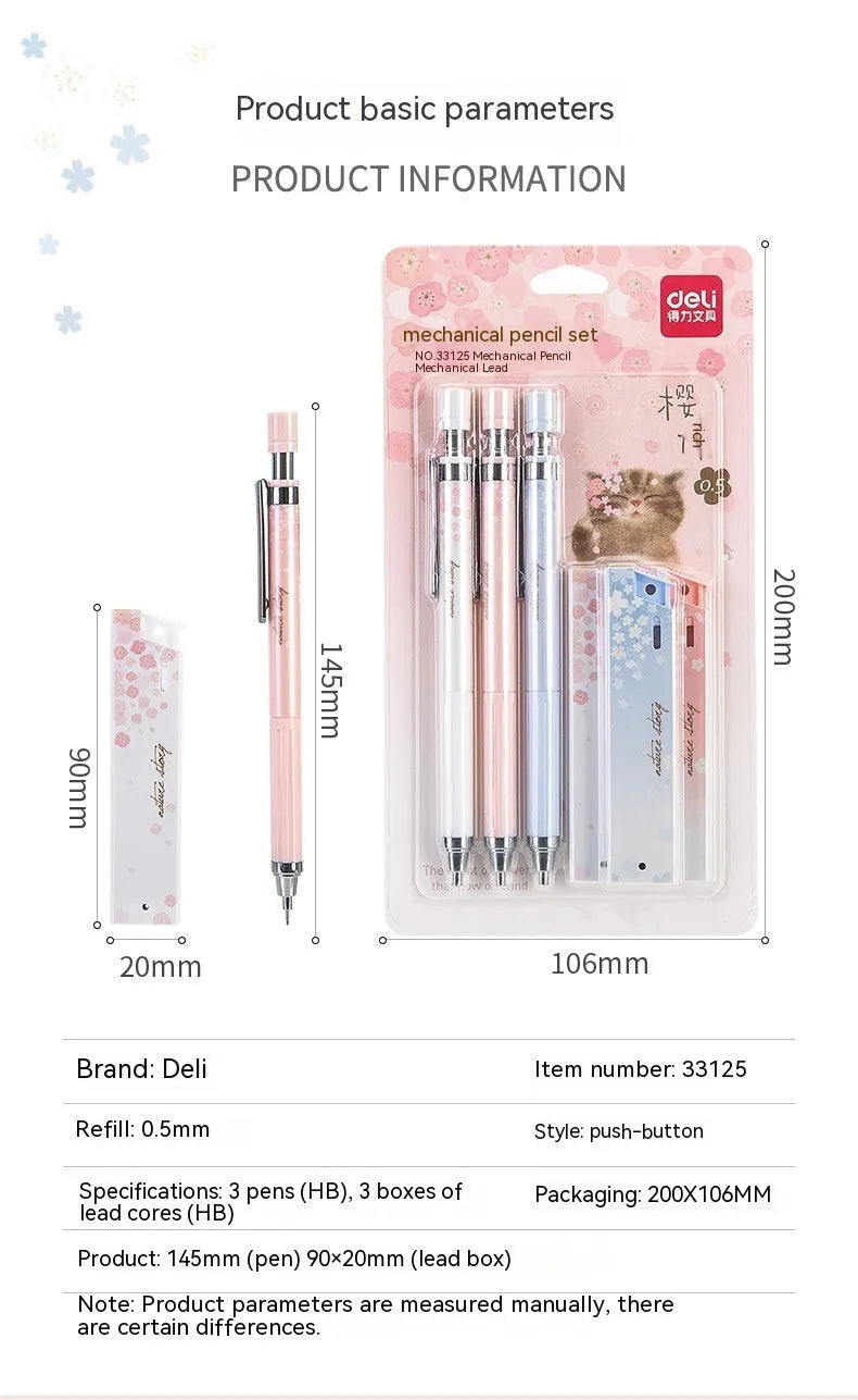 Mixed colour cartoon design automatic pencil set with three pens and boxes of HB refills.