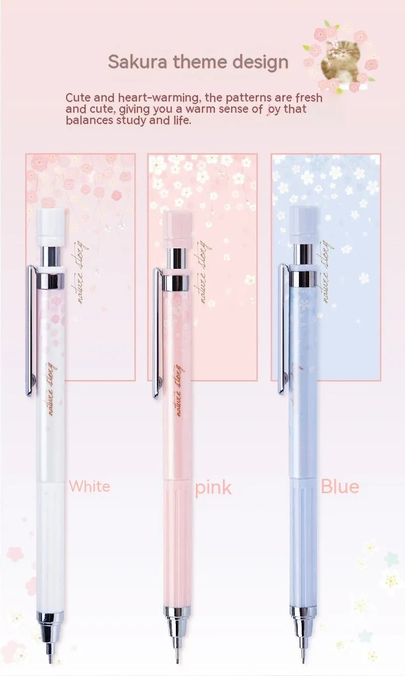 Mixed colour cartoon design automatic pencil set with three pens and boxes of HB refills.