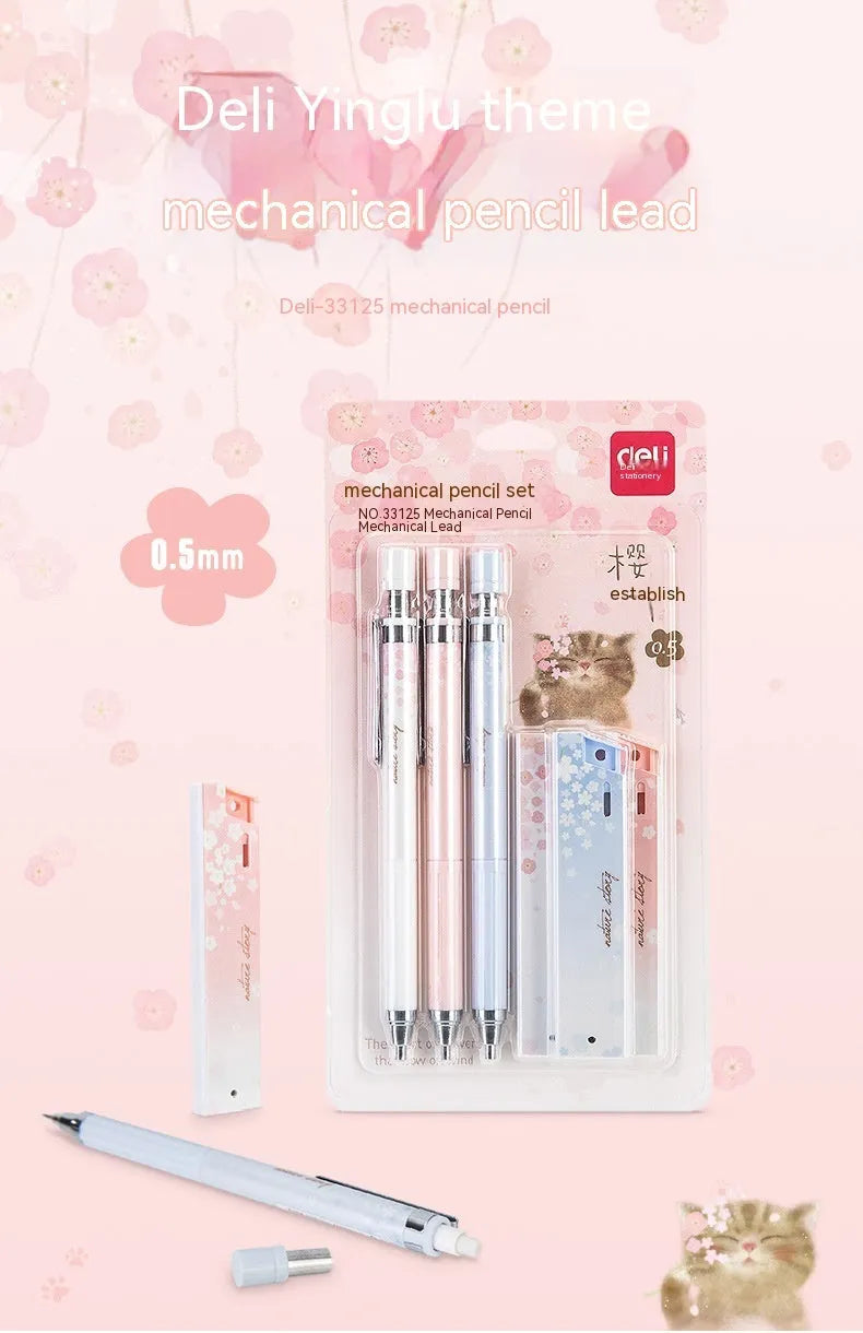 Mixed colour cartoon design automatic pencil set with three pens and boxes of HB refills.