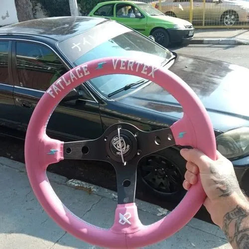 Pink leather 13-inch steering wheel with universal Lightning connector and aluminum bracket.