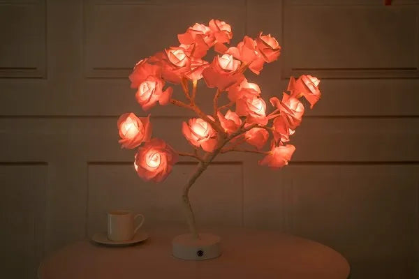 White and red rose flower LED table lamp with bonsai tree design and warm white lights