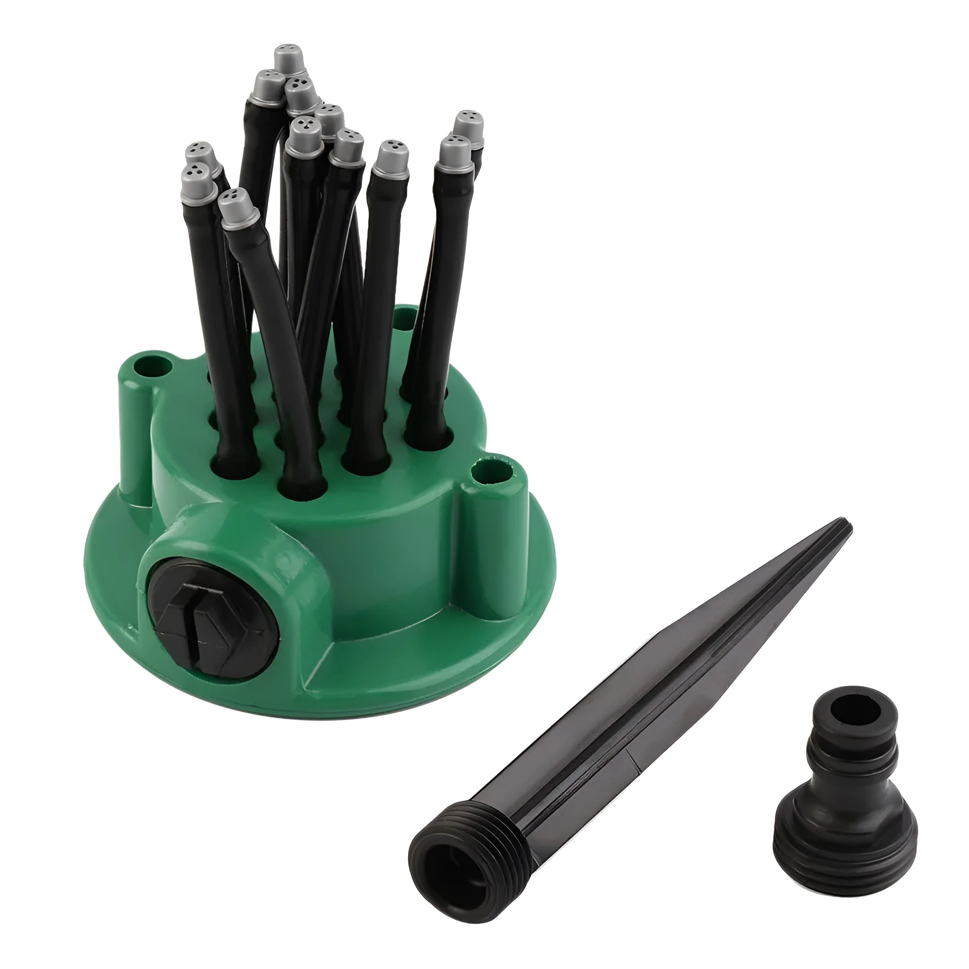 Green adjustable lawn sprinkler with flexible water distribution arms