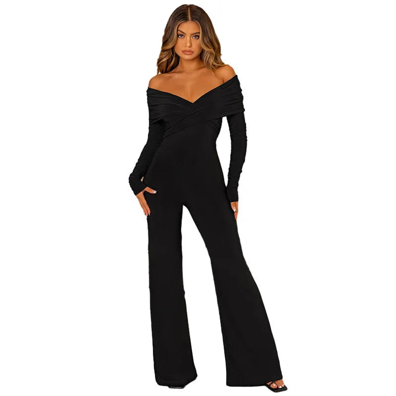 Women's black long sleeve V-neck chest cross jumpsuit with mid waist and tight trousers, sizes S M L