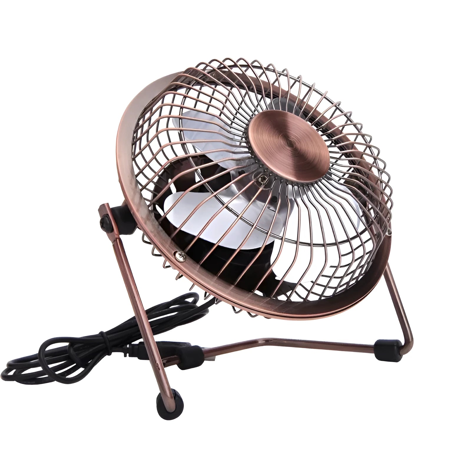 4-inch bronze aluminium USB mini fan with rocker switch on a desk