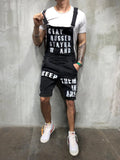 Men's ripped denim jumpsuit with braces straps in black or dark blue, sizes S to XXL